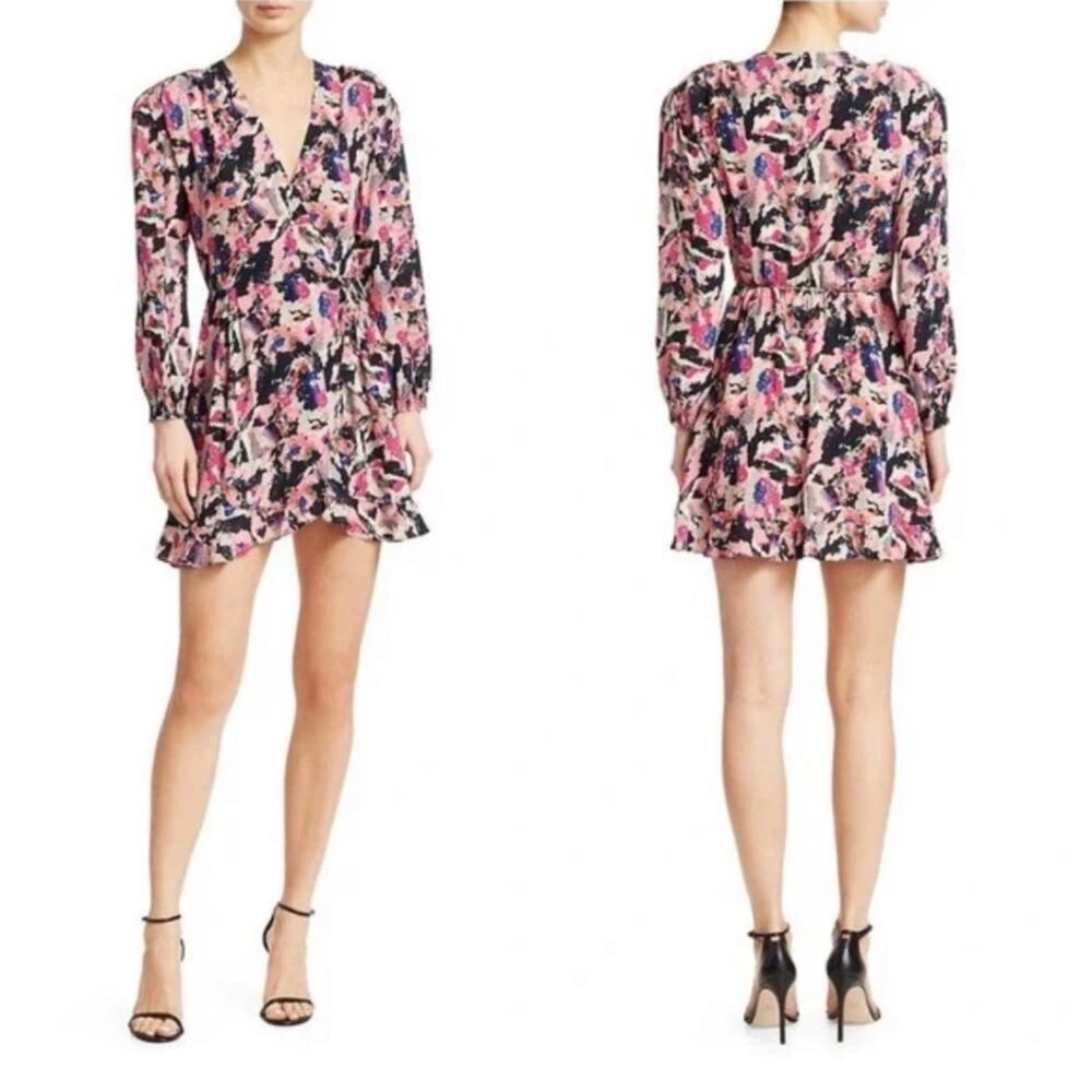 IRO Bloomy Silky Abstract Floral Pleated Shoulder True Wrap Dress 38 M